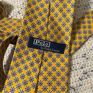 Vintage Polo Ralph Lauren 100% Silk Tie
Gold Blue Geometric Hand Made USA